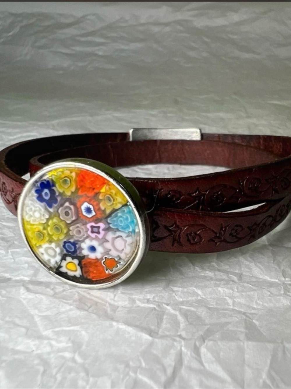 Murano meets Leather Wrap Bracelet W Millefiori Glass accent